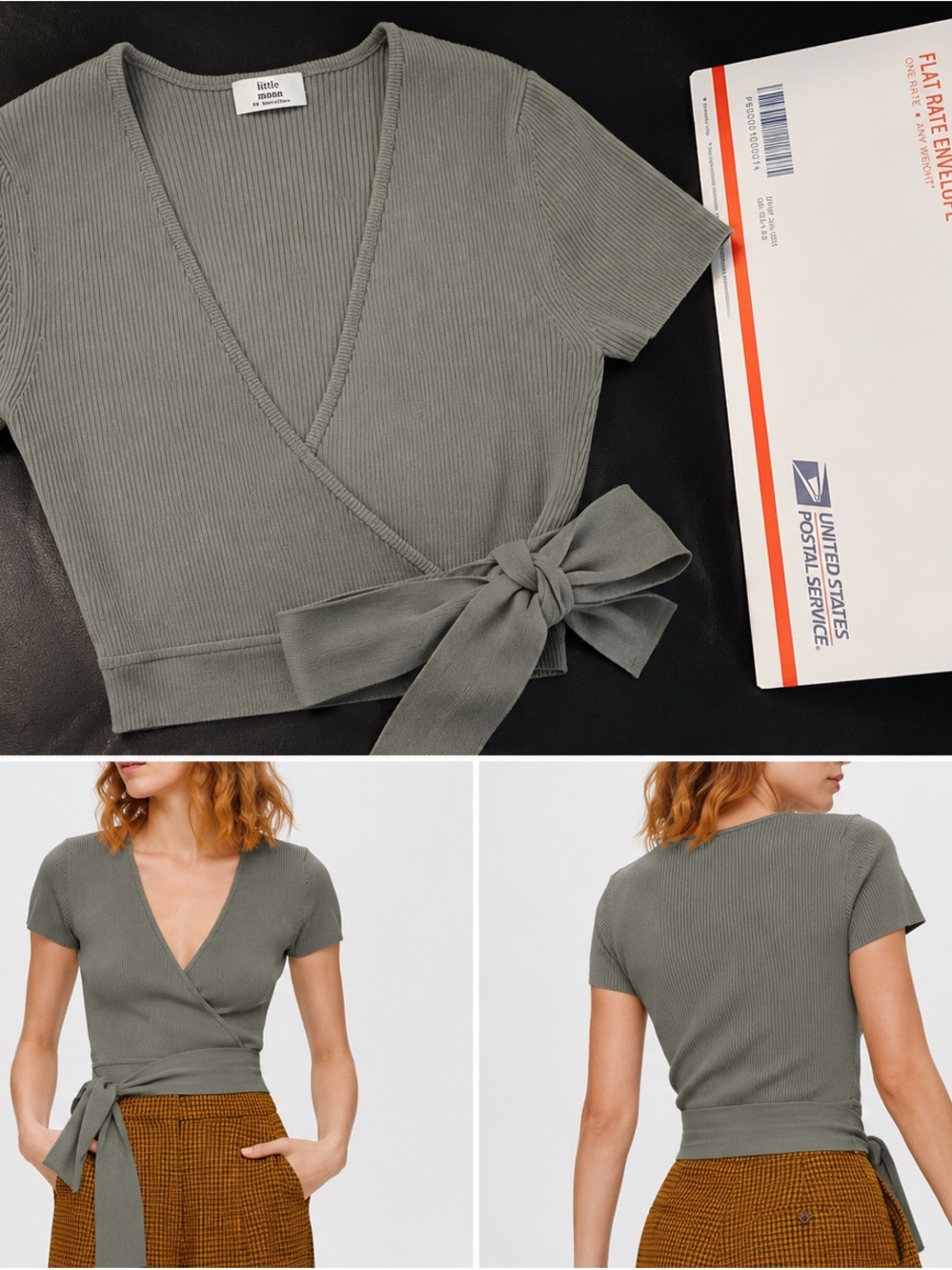 Aritzia Little Moon Olive Ribbed Wrap Tie Crop Top